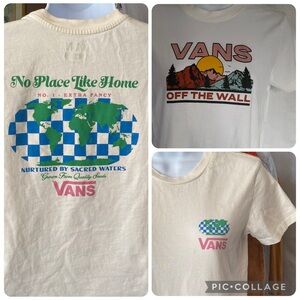 2 Vans Cotton Tees Natural Cream and White Graphic T-Shirts Bundle Small